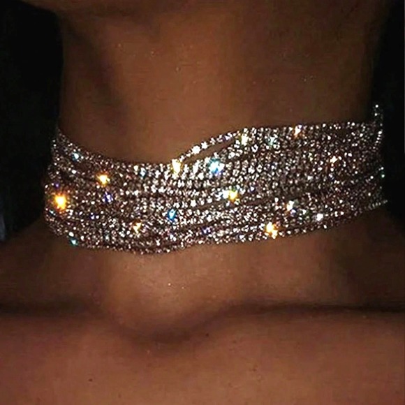 Molliwater Jewelry - Silver Rhinestone Clear White Multi-Strand Choker Necklace Sparkling Statement